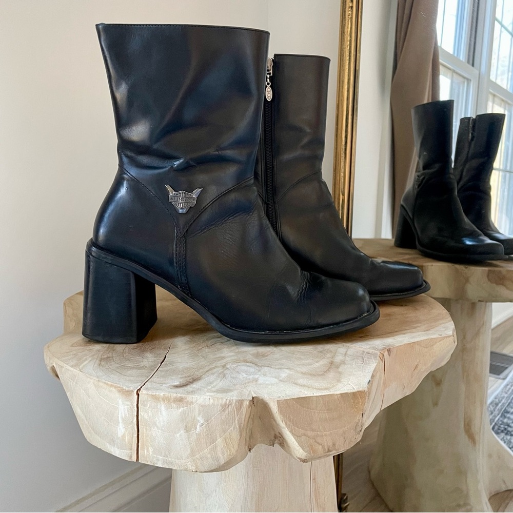 Vintage Harley Davidson Leather Chunky Platform Block Heel Boots in Black - 8.5